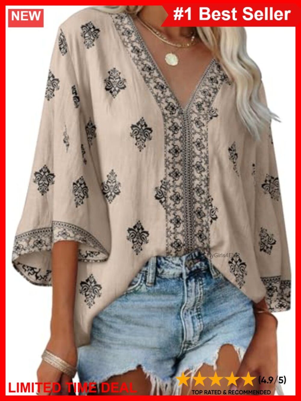 Floral Print Deep V Neck 3/4 Sleeve Blouse